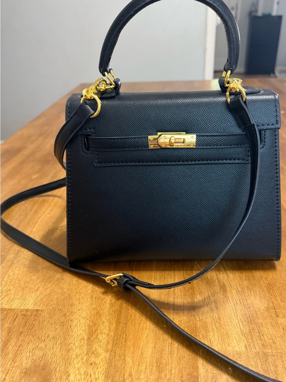 Black Structured Top-Handle Crossbody Bag with Gold Hardware